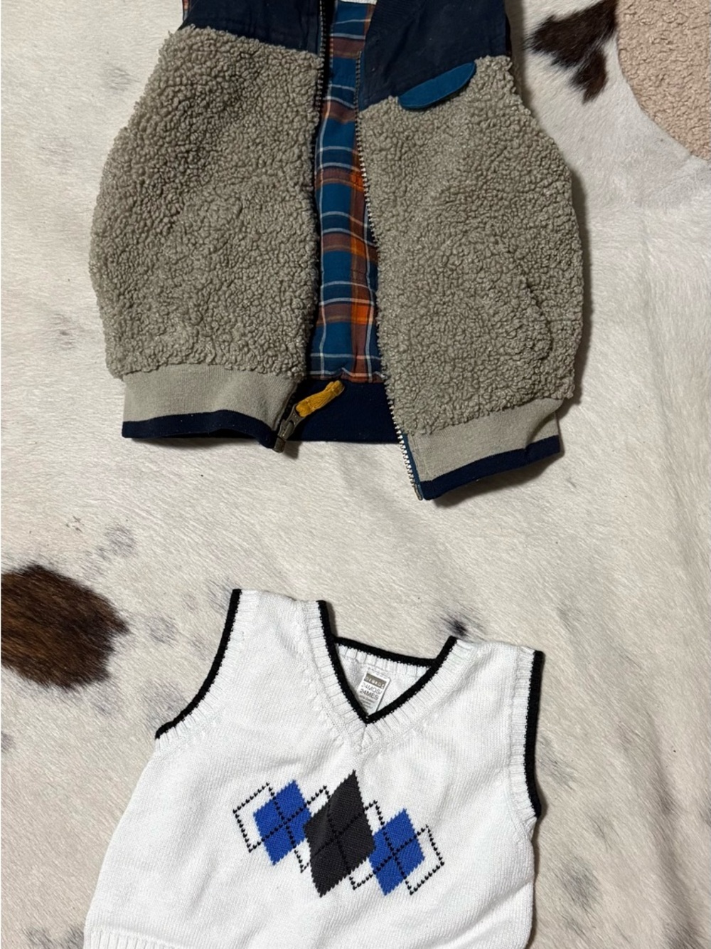 2 Vest Lot; White Knit Argyle Sweater Vest with Blue and Black Diamonds, plus 1